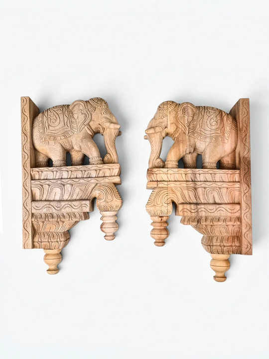 Premium handcrafted wooden elephant wall bracket pair