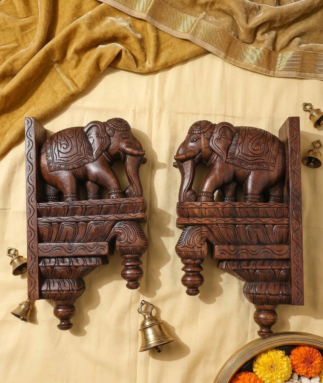 Premium handcrafted wooden elephant wall bracket pair