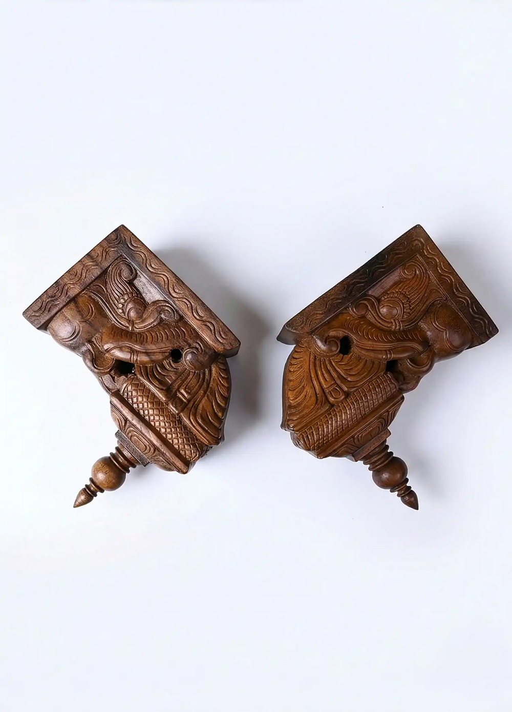 Wooden peacock corbel pair handcrafted from premium wood for luxury interiors.