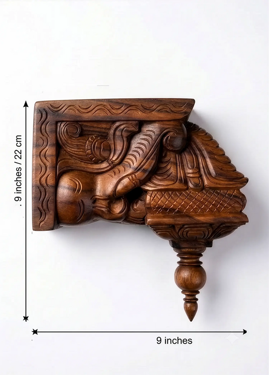 Decorative wooden corbels with peacock carvings for pooja room and wall decoration.