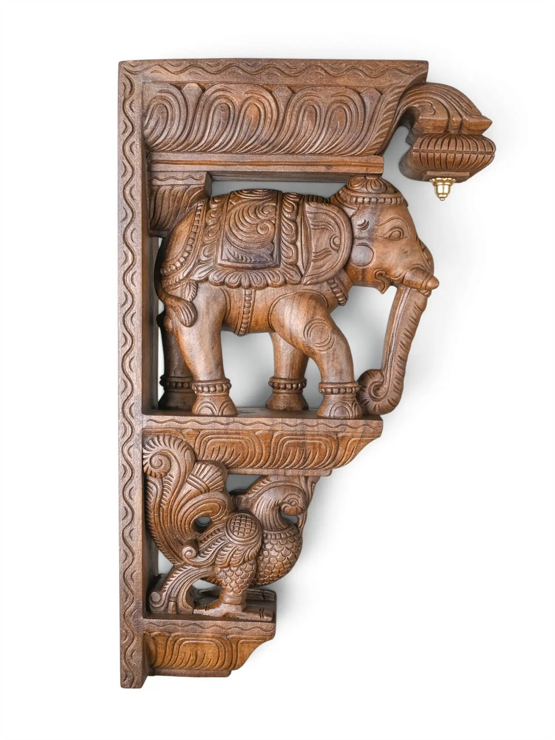 Handmade wooden elephant wall brackets with heritage-inspired carvings.