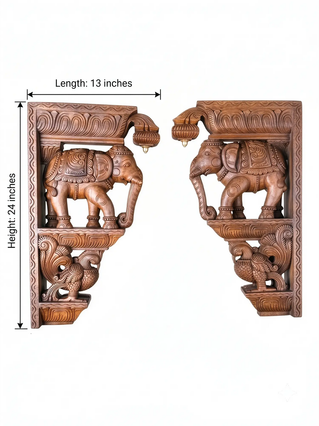 Wooden elephant wall bracket pair with ornate temple-style corbel design for traditional home interiors.