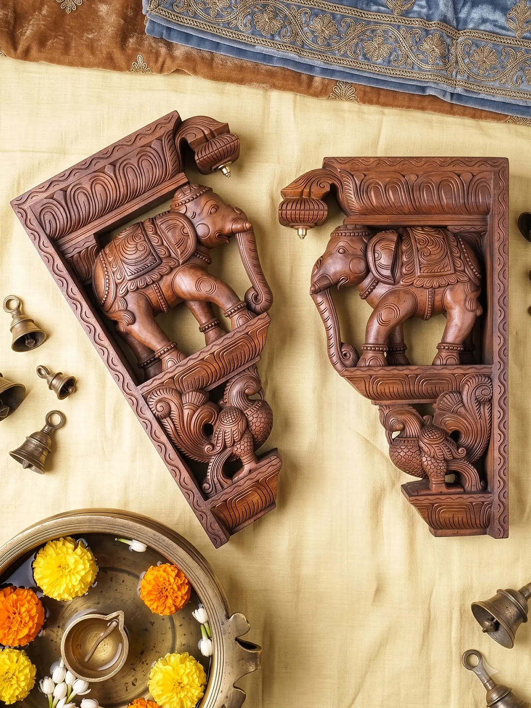 Classic wooden wall brackets featuring traditional carvings for luxury interior decoration.