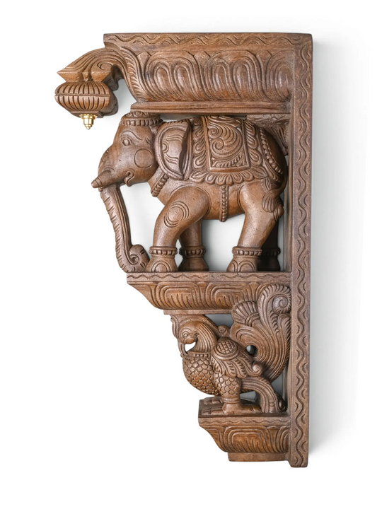 Luxury carved wooden elephant with Hamsa for decorative wall support in classic interiors