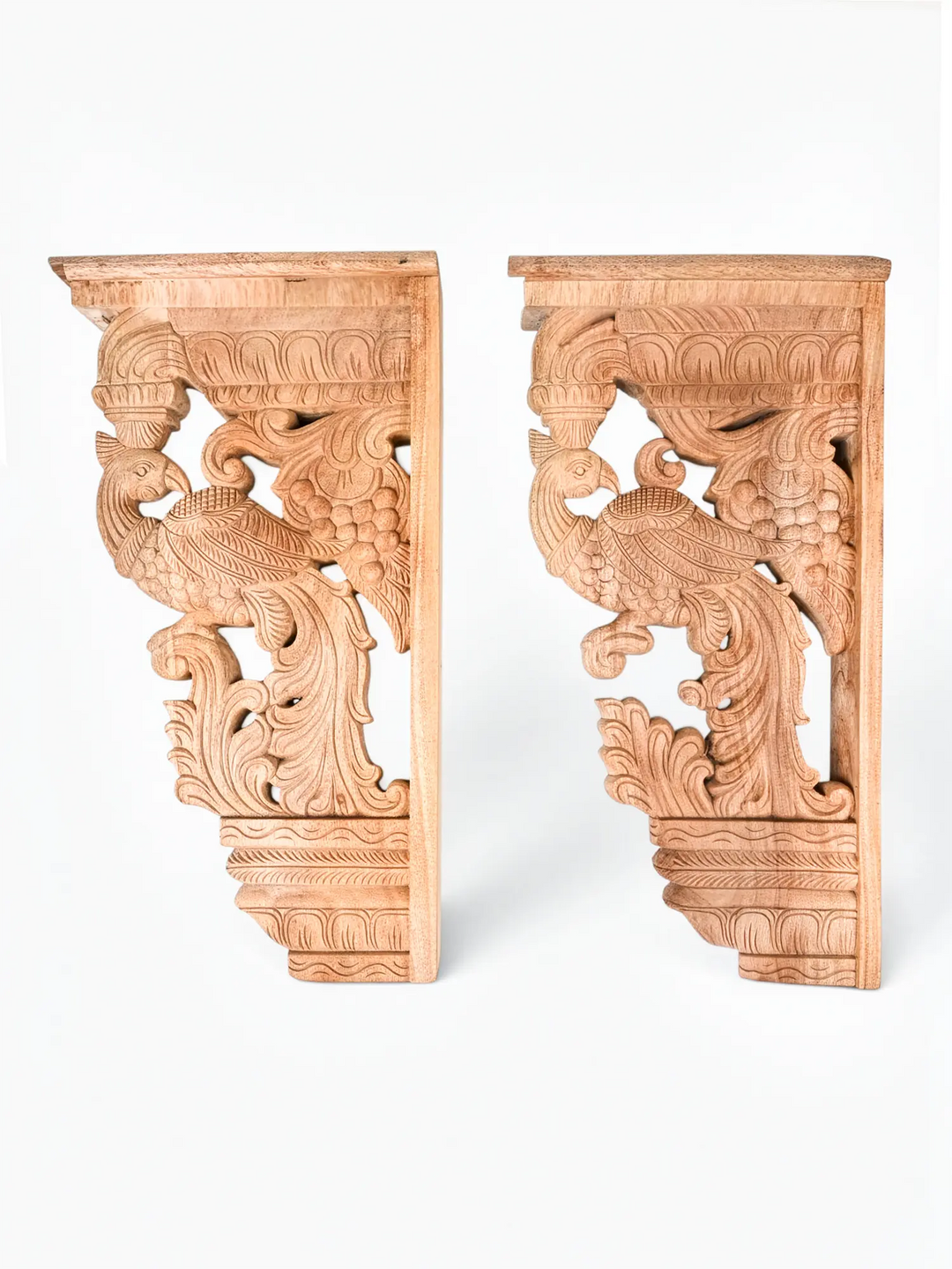 Elegant carved wooden peacock brackets for living room décor