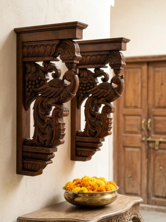 Traditional handcrafted wooden peacock wall brackets for elegant Indian home décor.