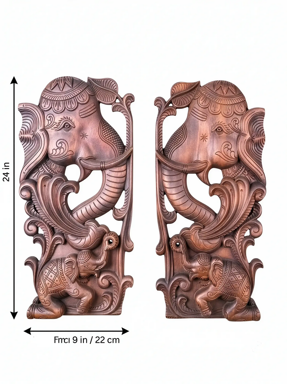 Decorative wooden elephant carving pair designed to enhance entrance walls, living rooms, temples and classic interior décor.