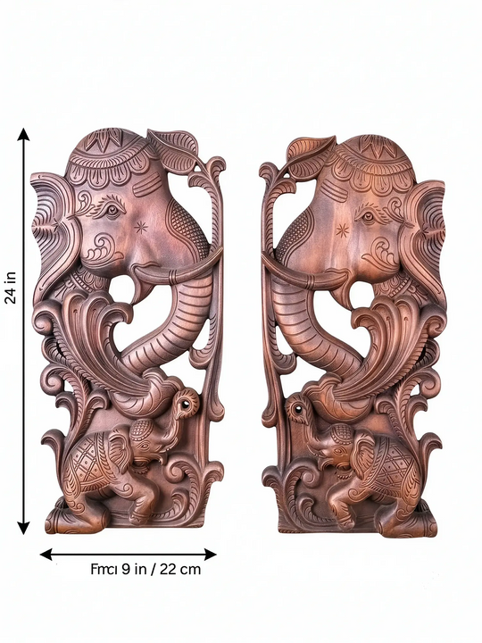 Decorative wooden elephant carving pair designed to enhance entrance walls, living rooms, temples and classic interior décor.