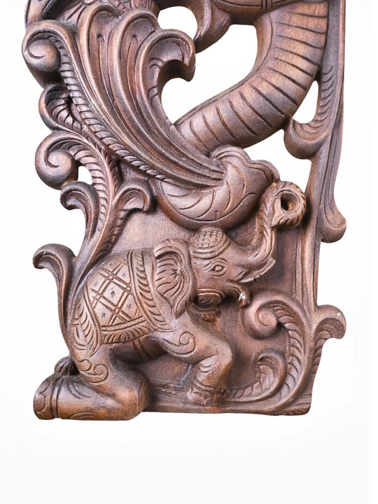 Premium handcrafted elephant wooden wall décor pair with detailed floral carvings for home entrance, living room.