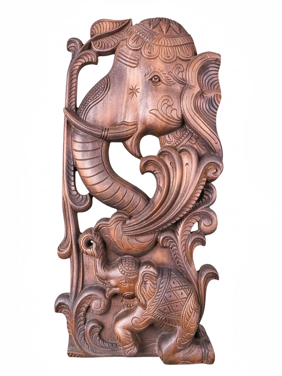 Beautiful hand carved wooden elephant wall panel pair designed for entrance walls, pooja spaces, meditation rooms and heritage interiors.