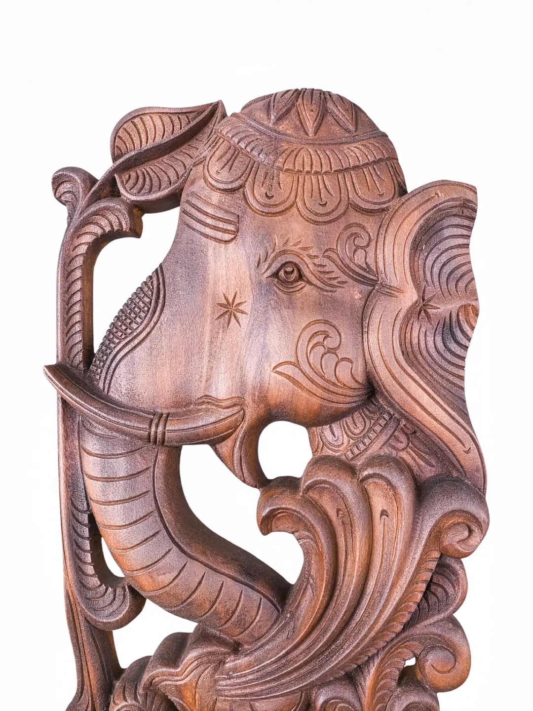 Wooden elephant wall mount sculpture pair featuring traditional Indian craftsmanship for gifting and architectural interiors.