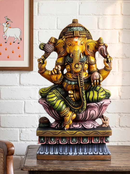 hand carved wooden multi coloured ganesh murthi for home and pooja room decor