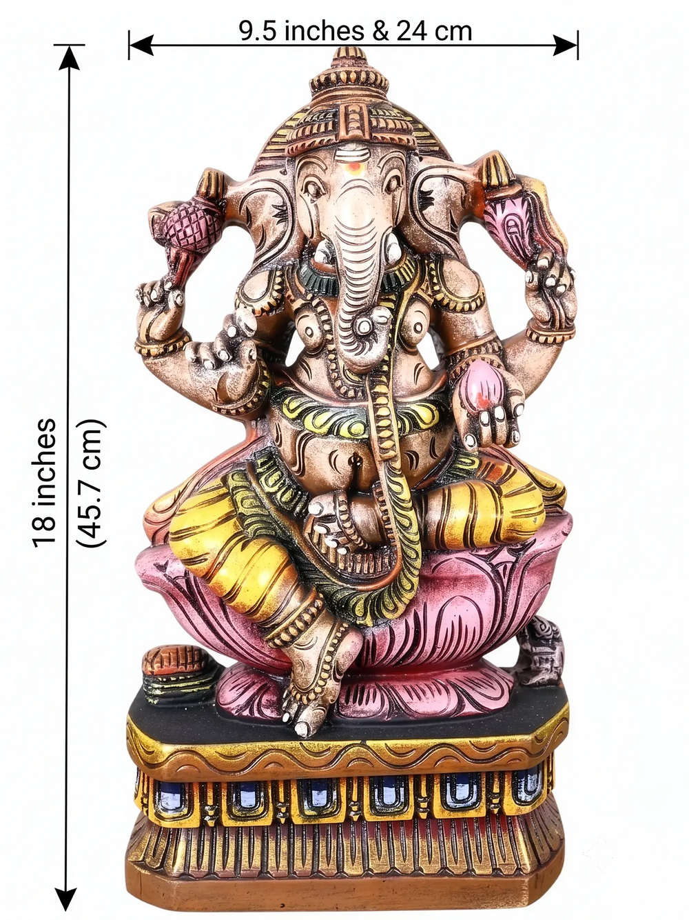 Finely carved wooden Ganesh idol with colourful lotus base for elegant interior decoration.