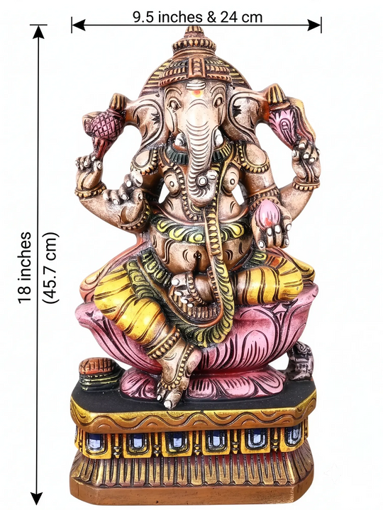 Finely carved wooden Ganesh idol with colourful lotus base for elegant interior decoration.