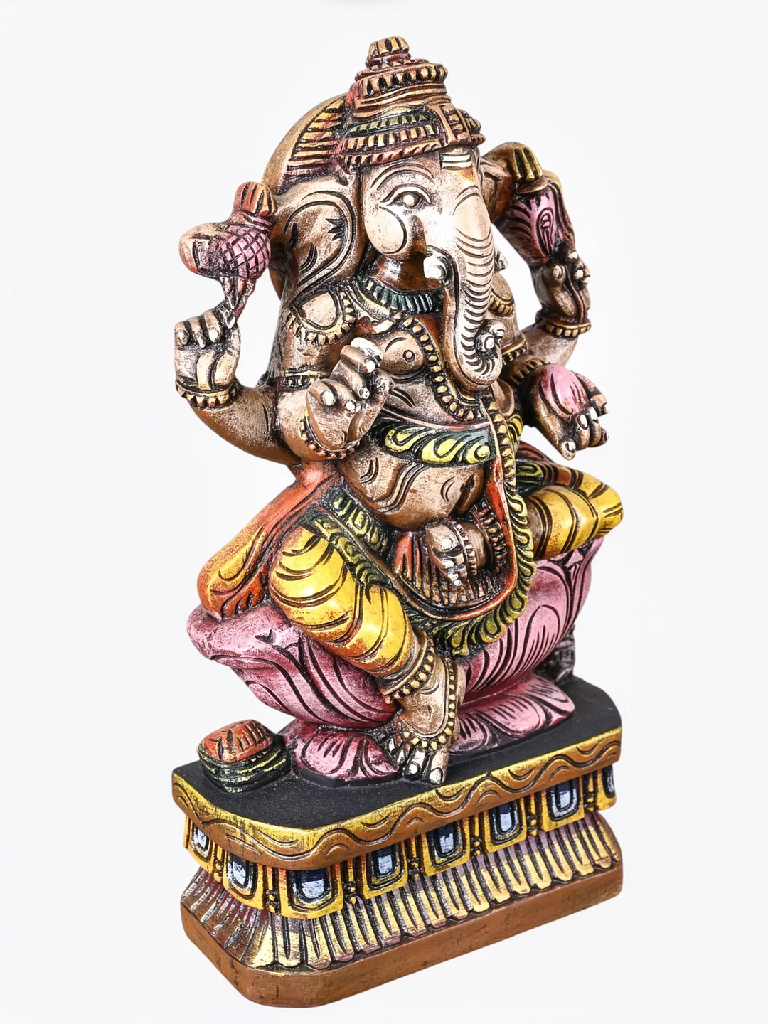 Luxury wooden Ganesh idol crafted with vibrant colours for festive and everyday décor.