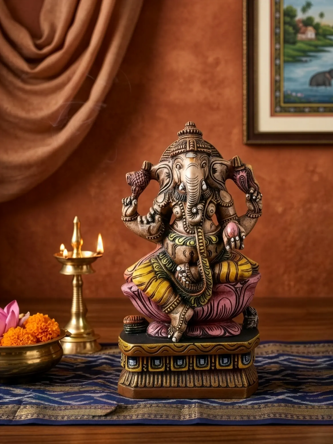 Decorative Wooden Ganesh Murti - Hand Painted Finish 18''