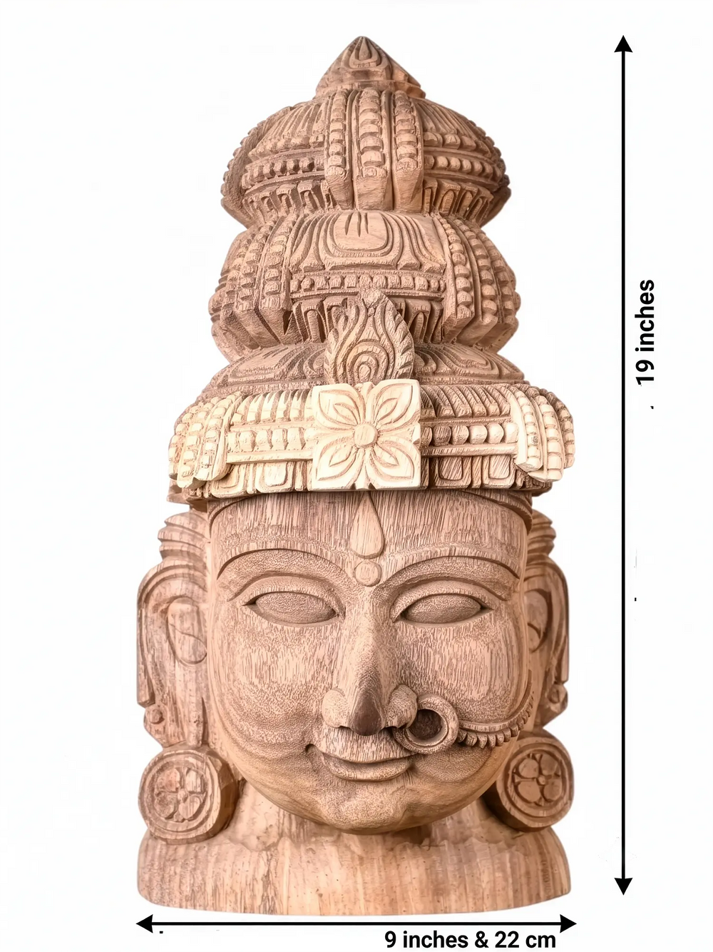 Premium wooden goddess face statue for pooja room, living room, and heritage interiors.