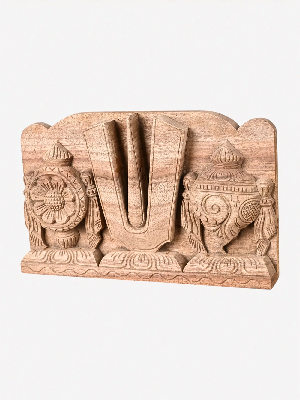 Handmade wooden Vaishnav wall art featuring sacred Shankh and Chakra.