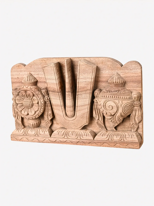 Handmade wooden Vaishnav wall art featuring sacred Shankh and Chakra.