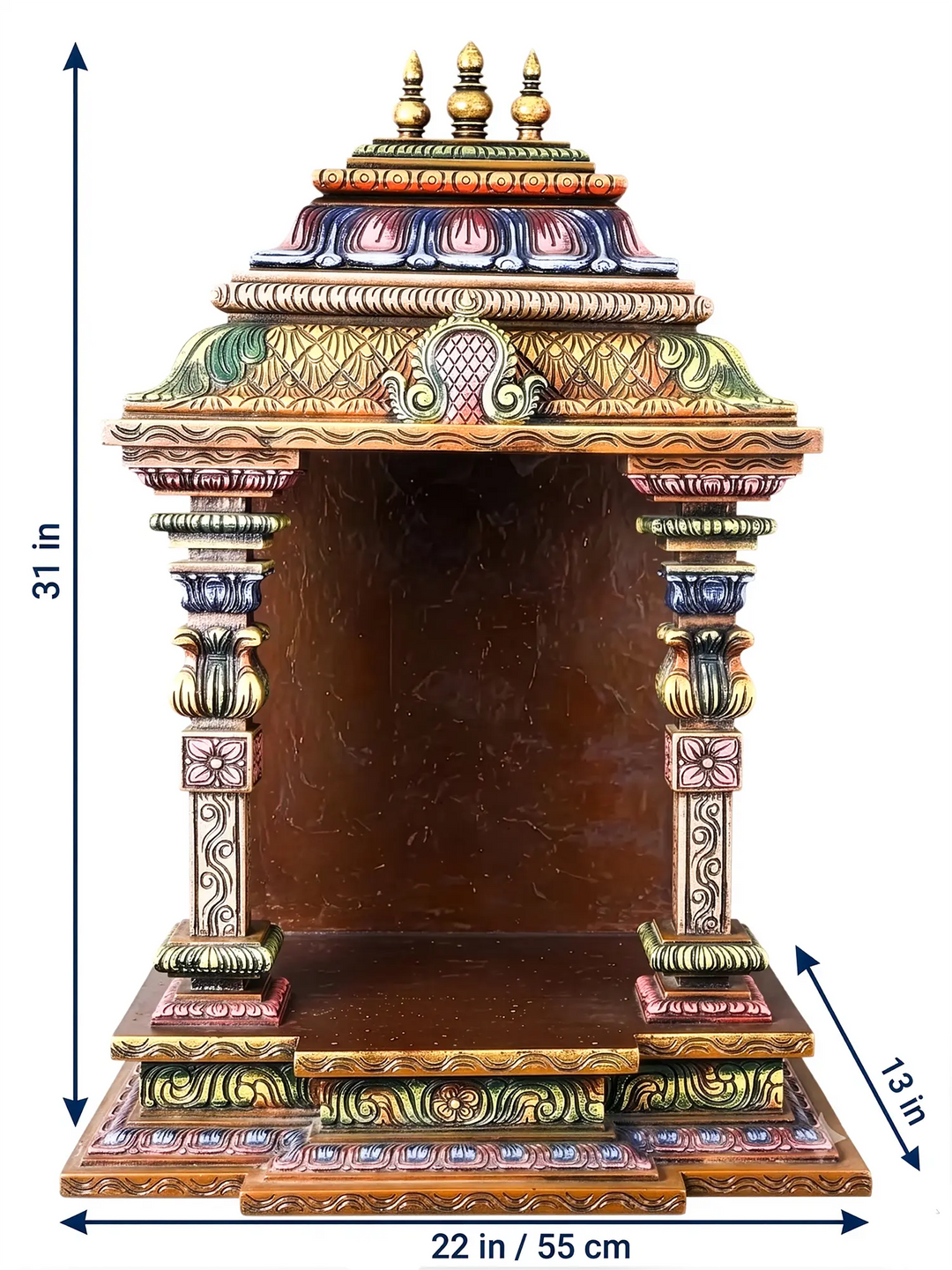 Premium carved wooden home temple for Hindu pooja room decoration.