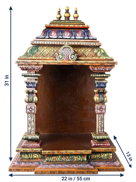 Premium carved wooden home temple for Hindu pooja room decoration.