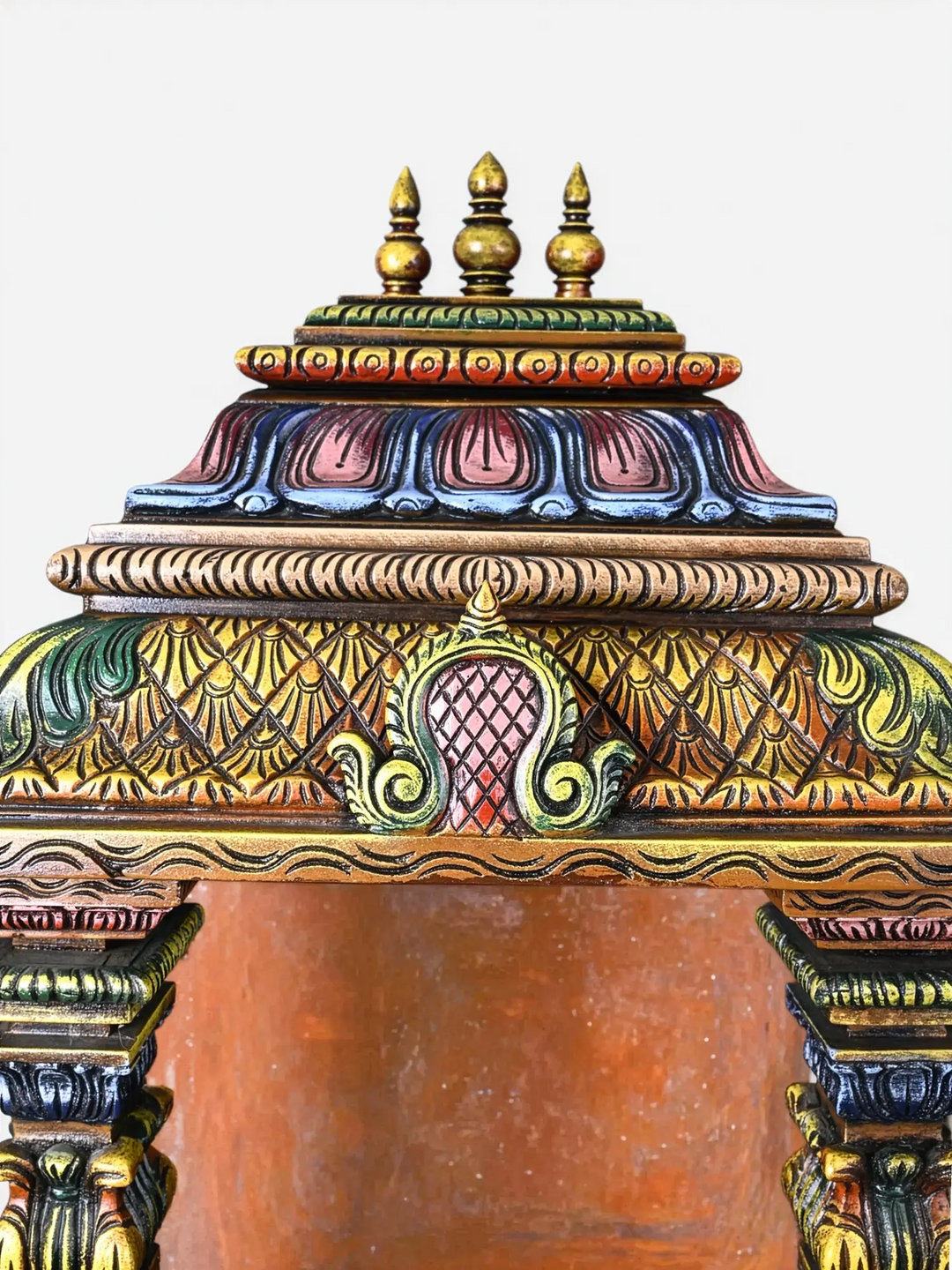 Premium carved wooden home temple for Hindu pooja room decoration.