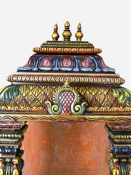 Premium carved wooden home temple for Hindu pooja room decoration.