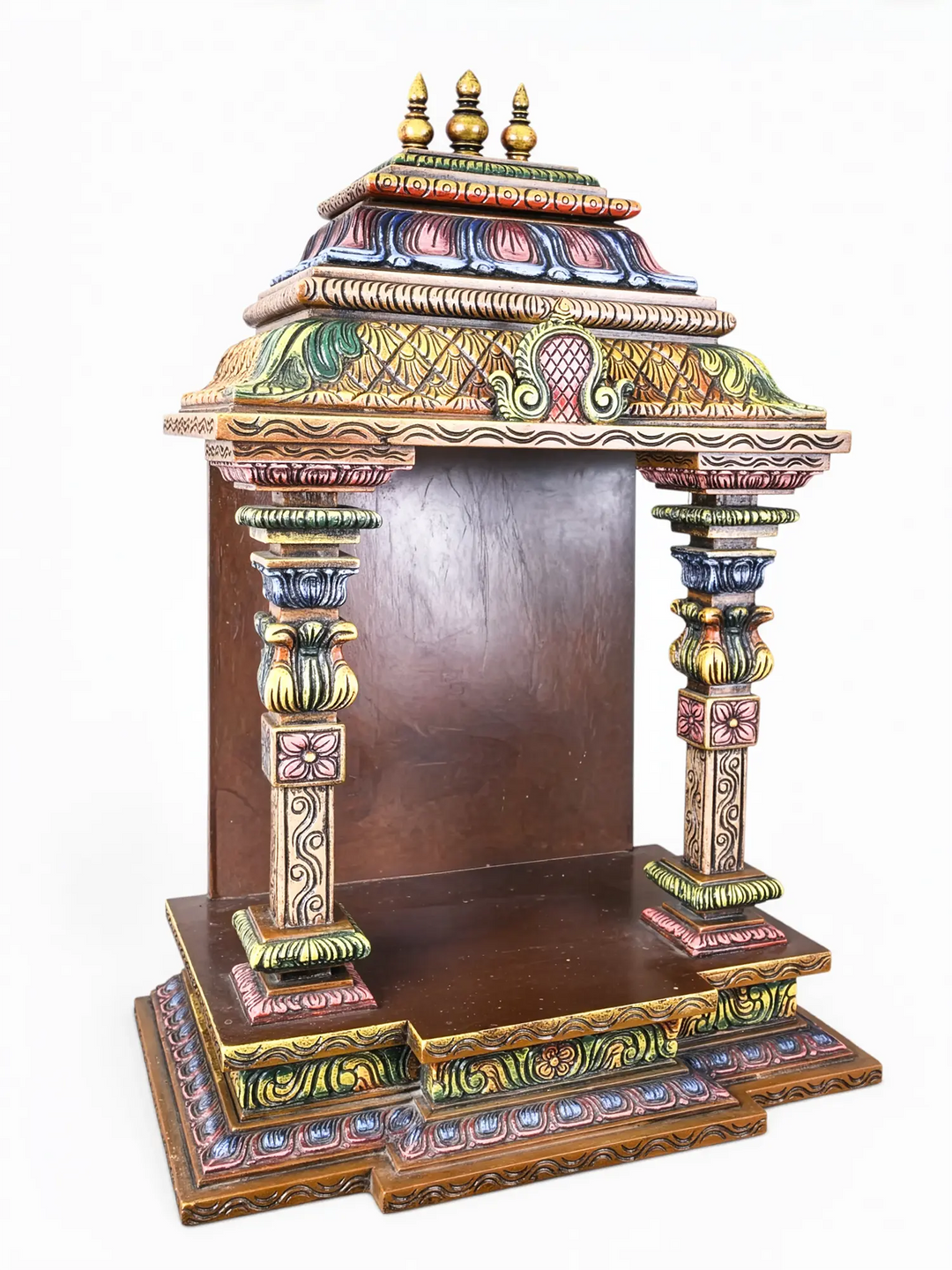 Premium wooden home temple with intricate handcrafted architectural details.