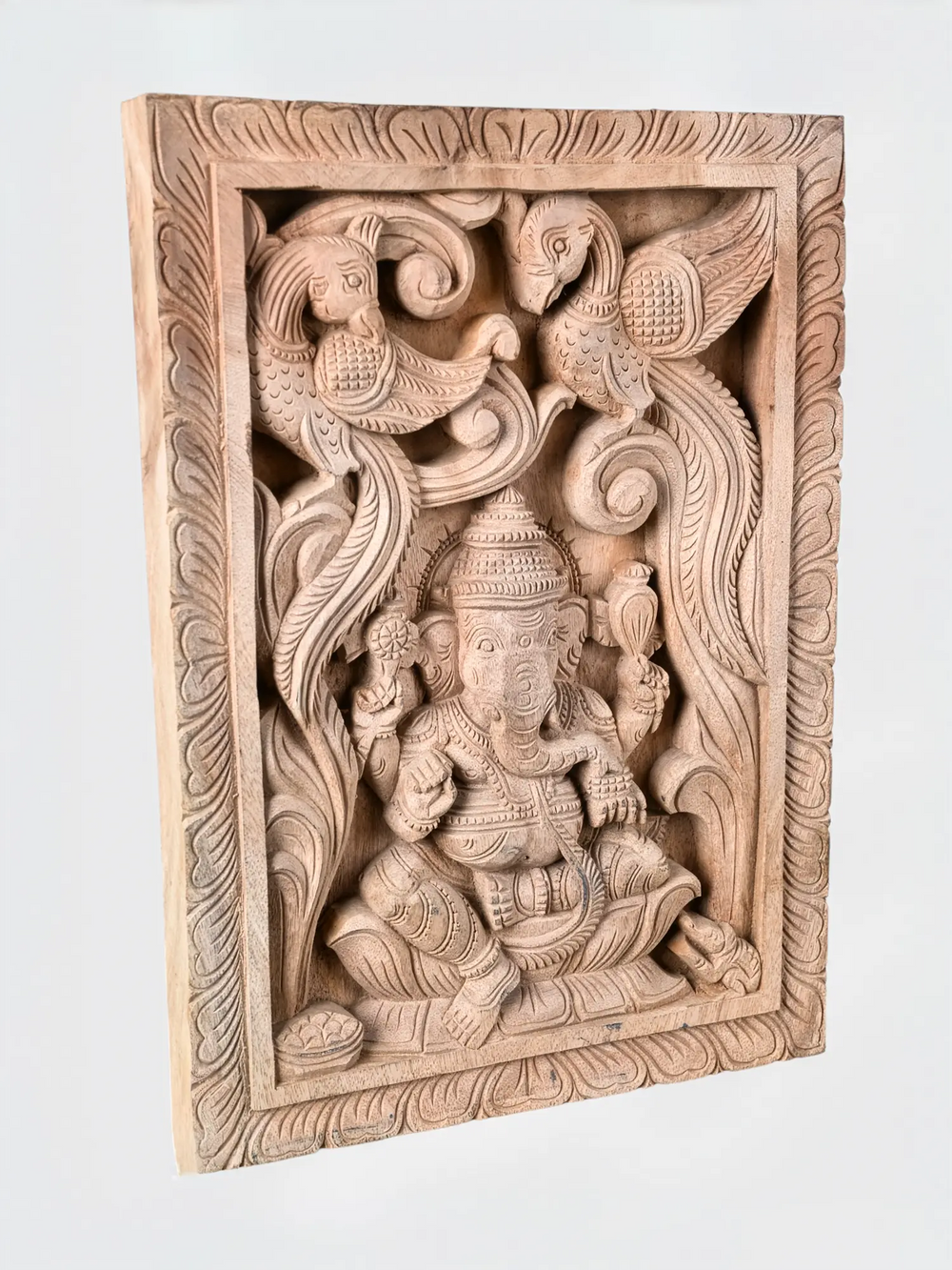 Handmade wooden Ganesh wall panel for pooja room and home entrance decoration.