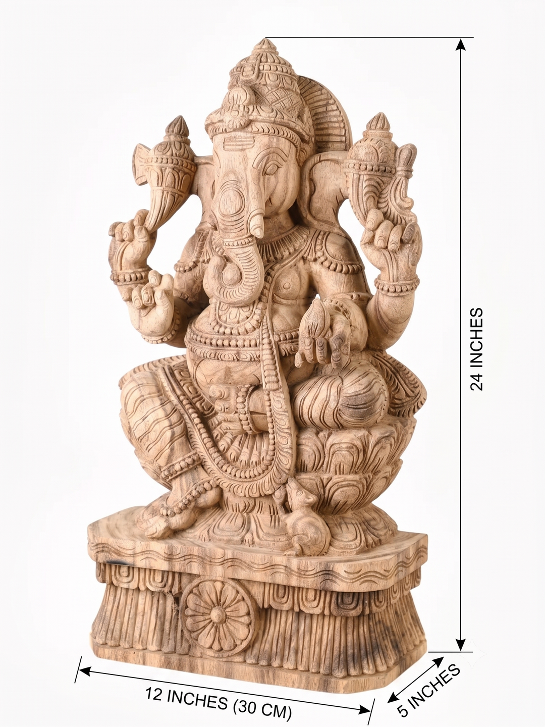 Wooden Ganpati idol featuring detailed handcrafted temple-style carving.