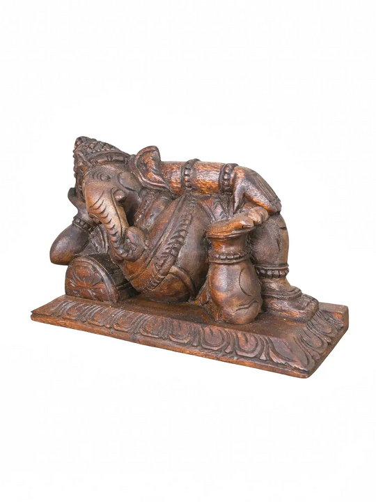 Premium hand carved Ganapati wooden sculpture for pooja room.