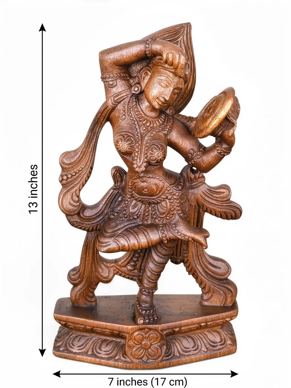 Wooden dancing lady statue handcrafted in South Indian temple art style.