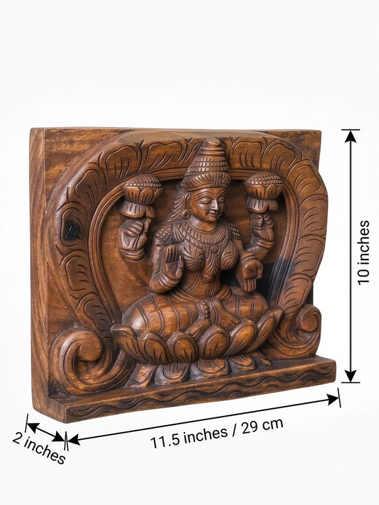 Hindu Goddess Lakshmi wooden wall panel handcrafted in India.