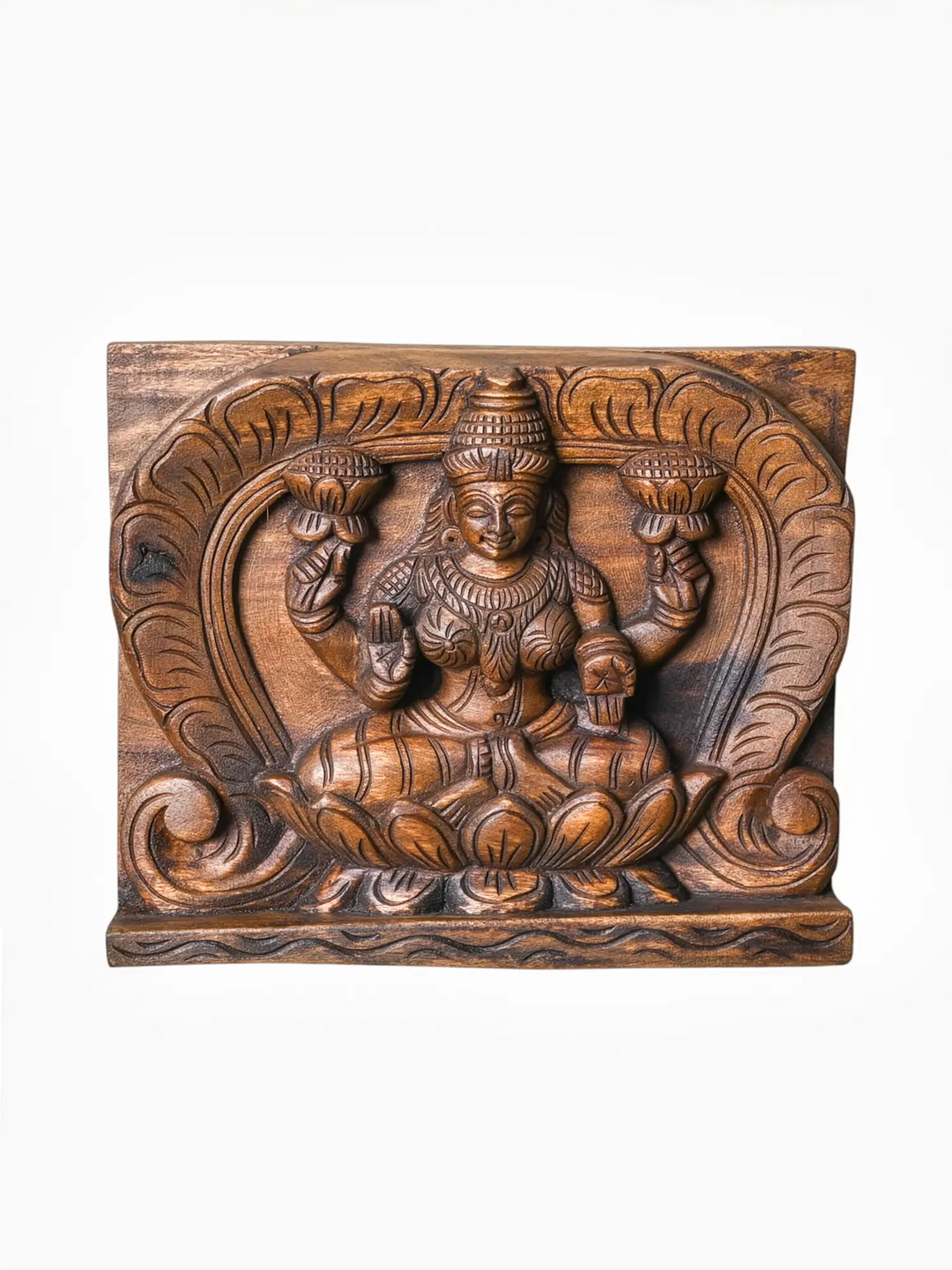 Wooden Lakshmi lotus panel for home temple decoration.