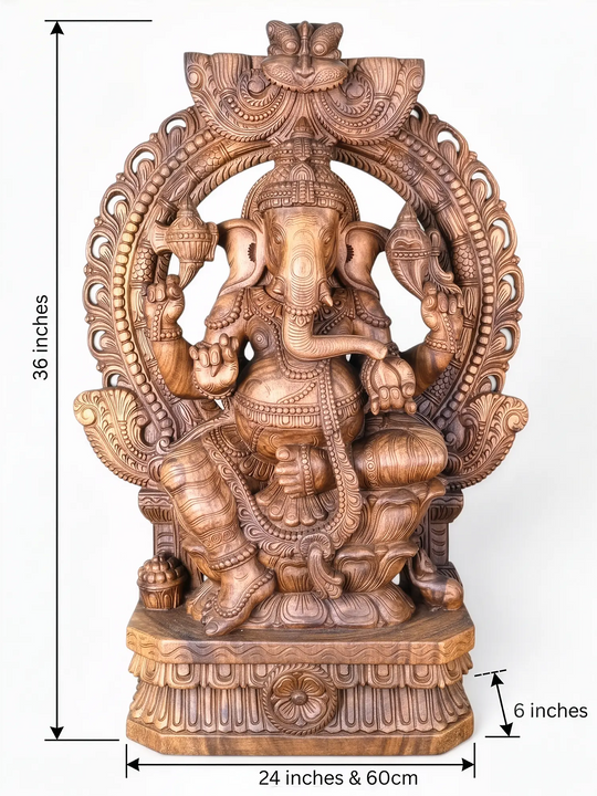 Wooden Ganesha idol handcrafted from premium wood with temple arch.