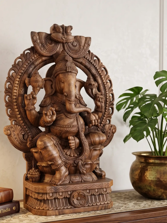 Wooden Ganesha idol handcrafted from premium wood with temple arch.