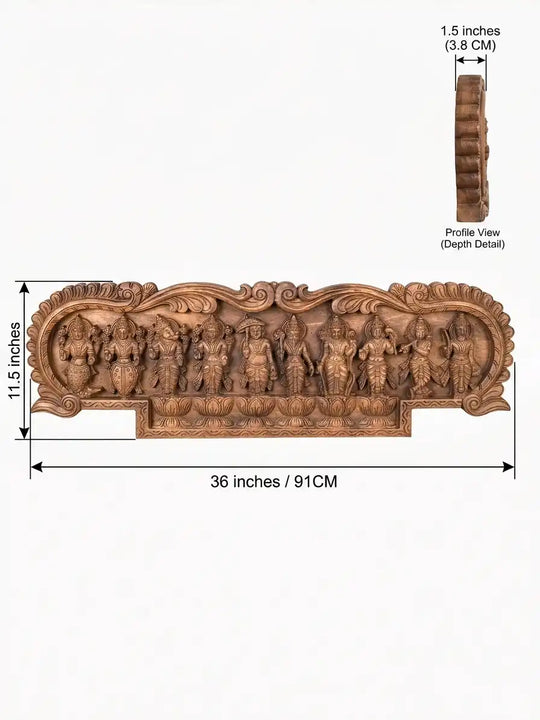 Handcrafted wooden Dasavatharam panel featuring the ten avatars of Lord Vishnu