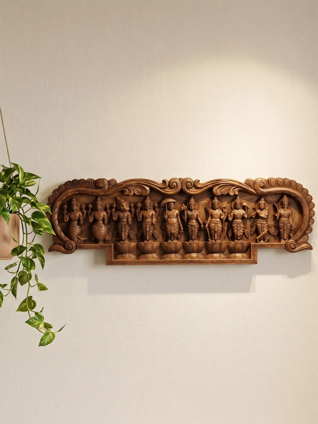 Handcrafted wooden Dasavatharam panel featuring the ten avatars of Lord Vishnu