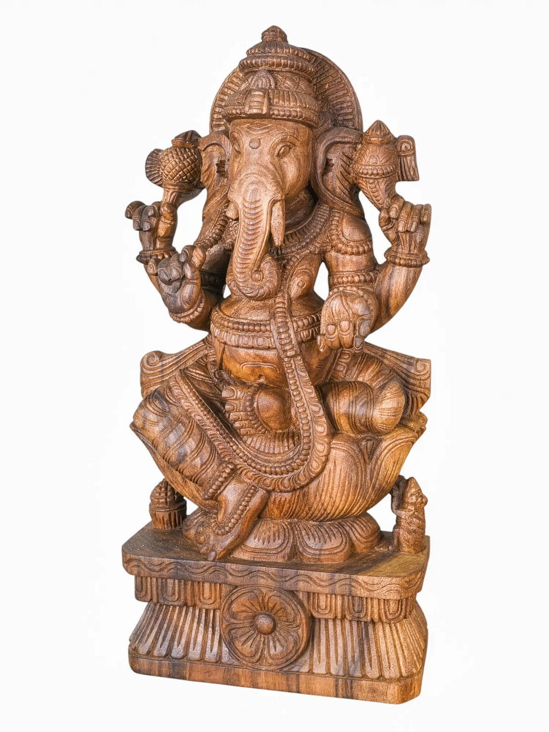 Decorative wooden Lord Ganesha idol with intricate craftsmanship for festive celebrations and religious gifting