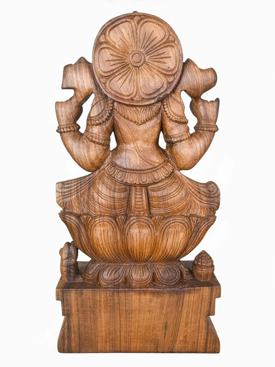 Wooden Hindu deity statue featuring Lord Ganesha in a seated posture with exceptional artisan craftsmanship.