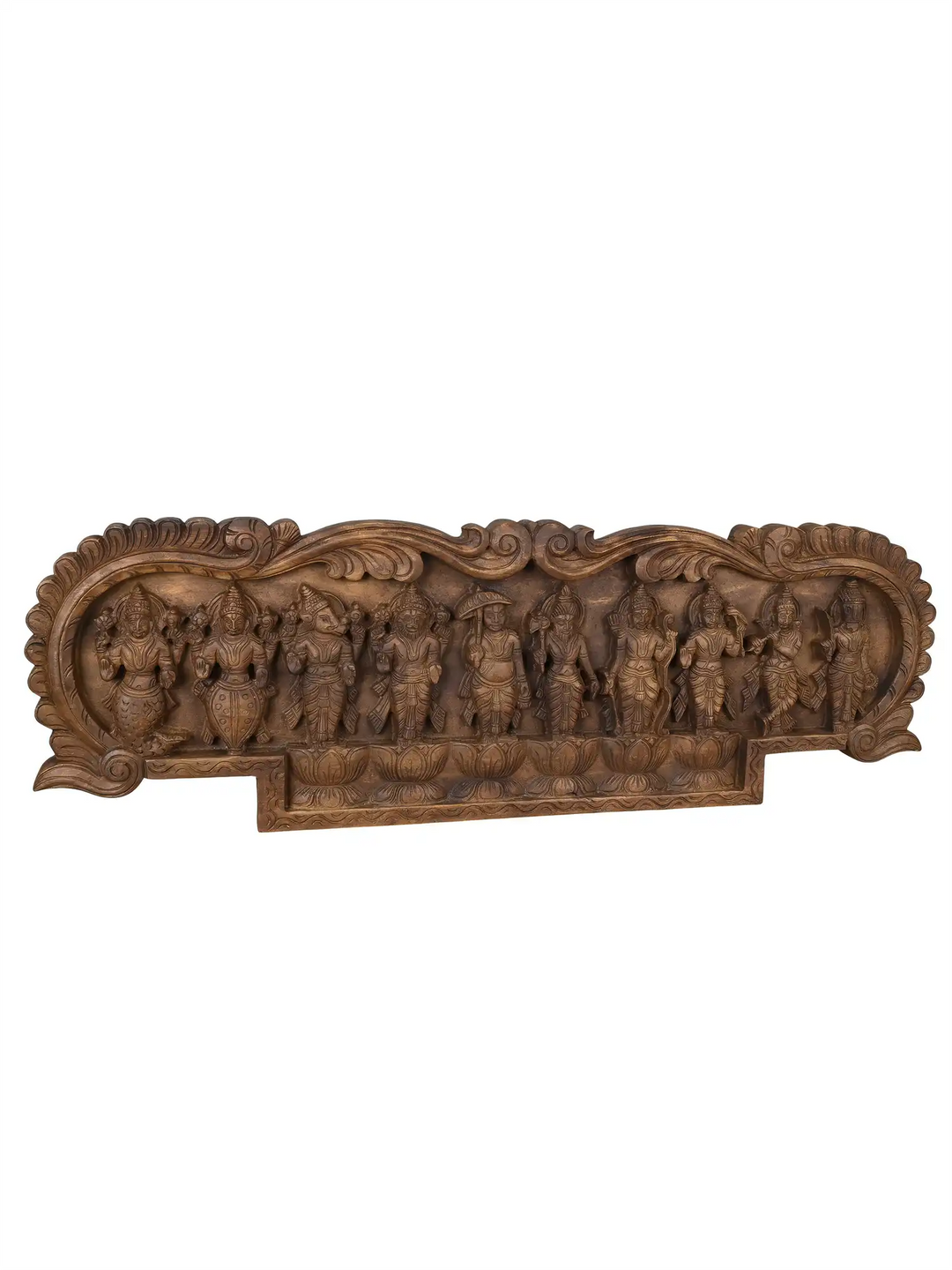 Wooden Dasavatharam sculpture panel depicting ten incarnations of Lord Vishnu