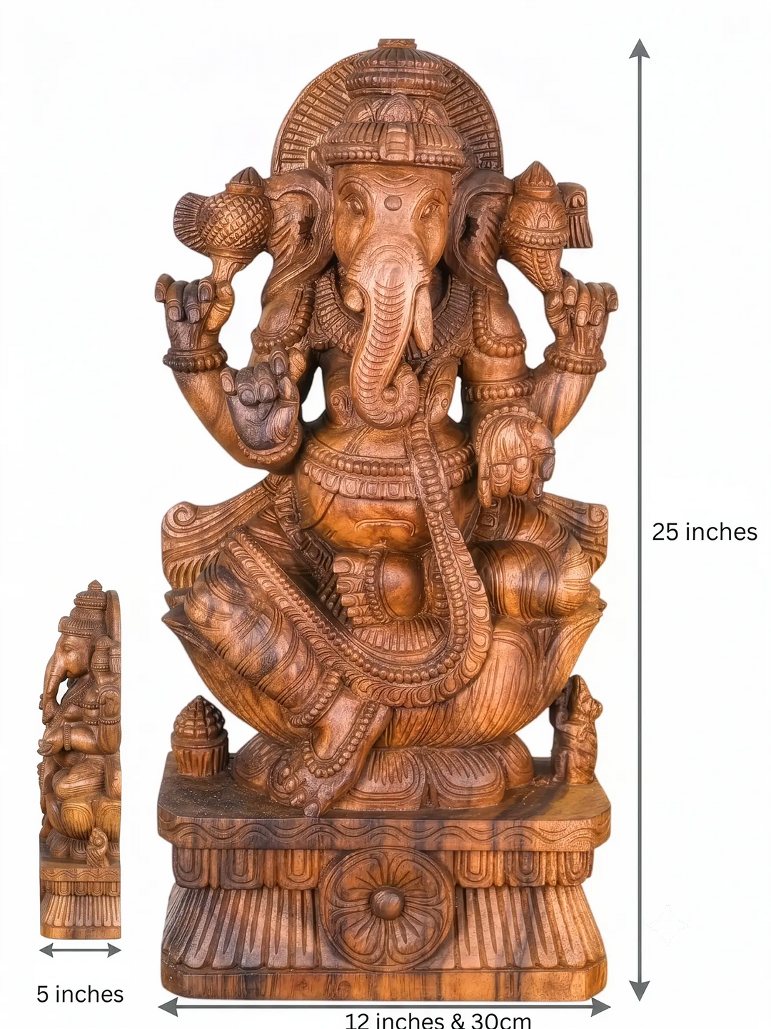 Hand-carved wooden Lord Ganesha statue seated on a lotus pedestal with intricate traditional Indian craftsmanship.