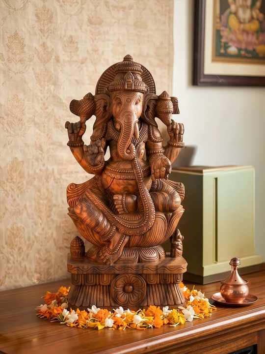 Solid wood seated Ganesha idol handcrafted by skilled artisans for temples, homes, and meditation spaces.