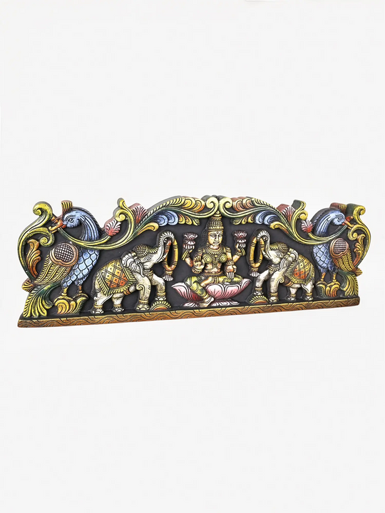 Handmade South Indian Gaja Lakshmi wooden wall art with twin elephants
