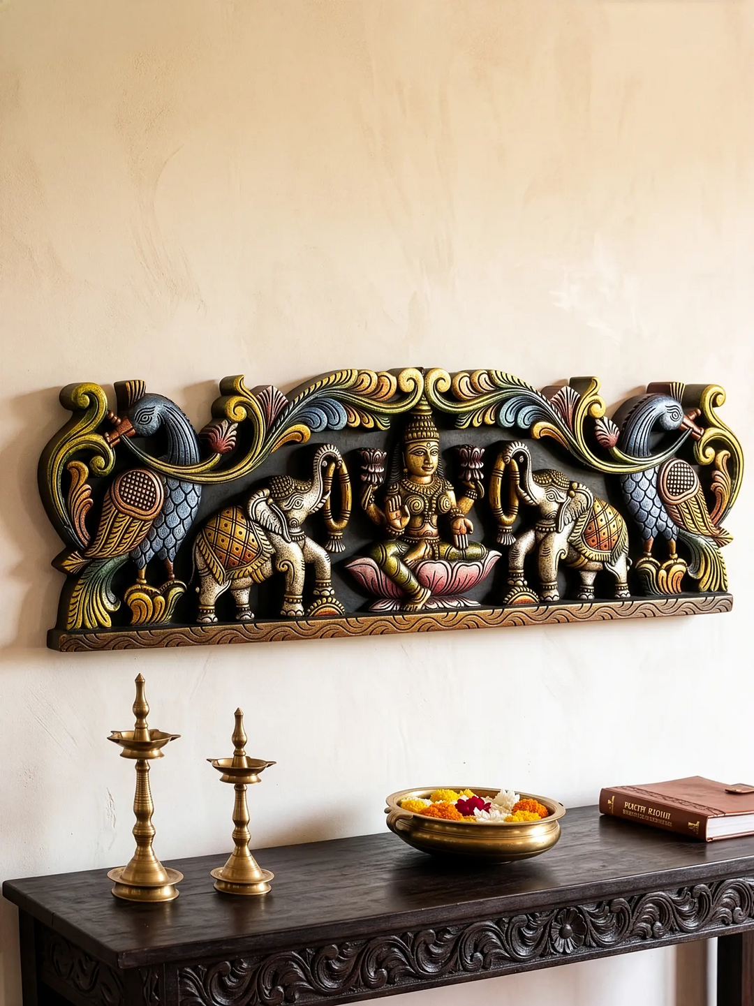 Handmade South Indian Gaja Lakshmi wooden wall art with twin elephants