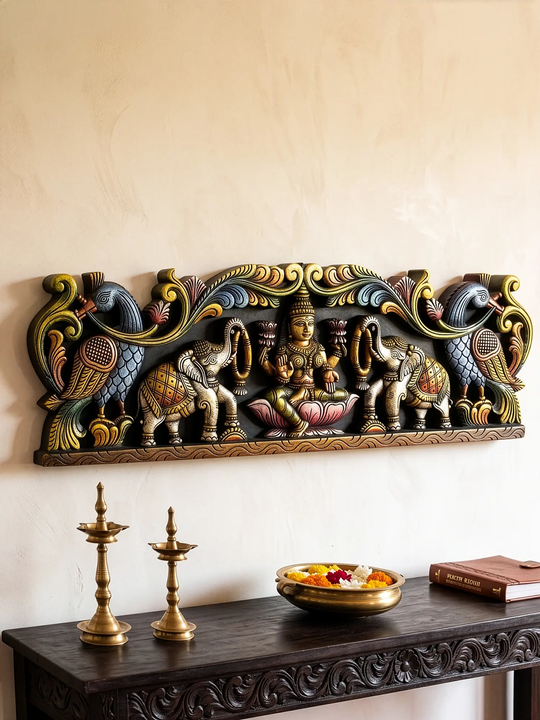 Handmade South Indian Gaja Lakshmi wooden wall art with twin elephants