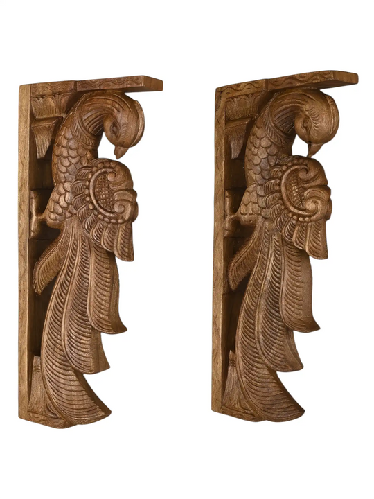 Intricately carved wooden peacock brackets for architectural decoration