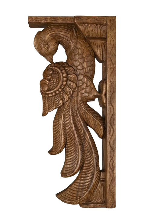 Artisan crafted wooden peacock corbels for home décor