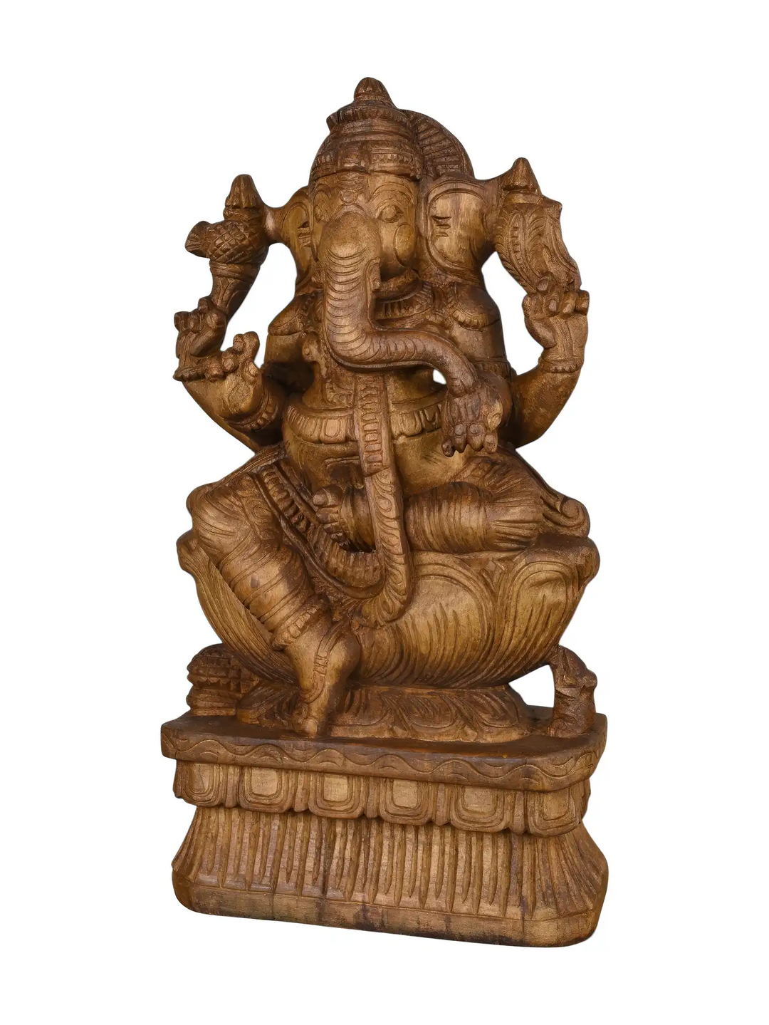 Artisan carved Ganapati wooden statue with traditional design
