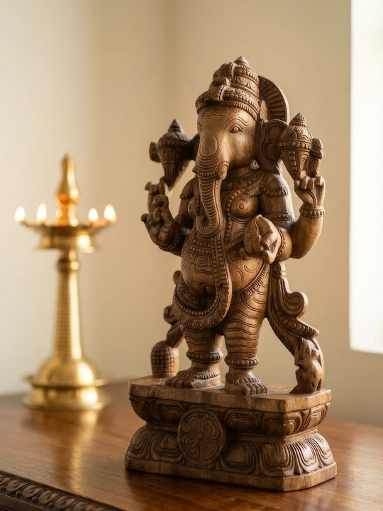 Wooden Standing Ganapati idol for home temple decoration